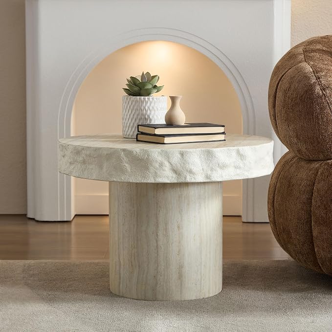 Faux Stone Side Table Faux Marble Round End Table Patio Small Drink Table for Small Spaces, Mrushroom Side Tables with Pedestal, Modern Nightstand for Living Room Bedroom Corners Office,Beige