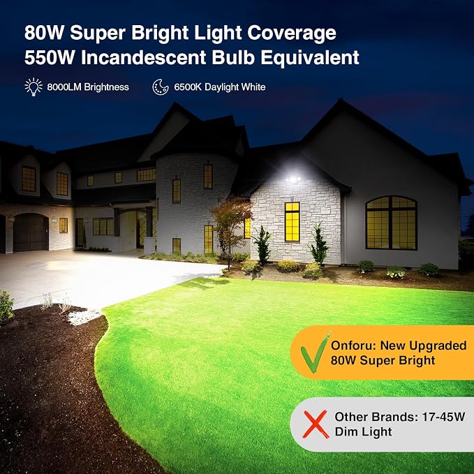 Onforu 80W LED Dusk to Dawn Flood Lights,8000LM White Exterior Security Outdoor Lighting,IP65 Waterproof Outdoor 3 Adjustable Heads Photocell Light Fixture,6500K Floodlight for Garage,Patio,Yard