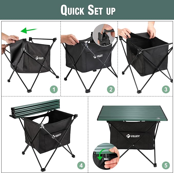 VILLEY Portable Camping Side Table, Ultralight Aluminum Folding Beach Table with Carry Bag and Under-Table Storage Hammock for Outdoor Cooking, Picnic, Camp, Boat, Travel, Medium