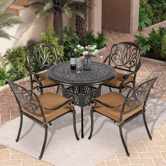 5-Piece Outdoor Patio Dining Set, All-Weather Cast Aluminum Patio Table Set, Include 4 Cushioned Chairs and a 35.4 inch Round Table w/Umbrella Hole for Balcony Garden Backyard, Khaki