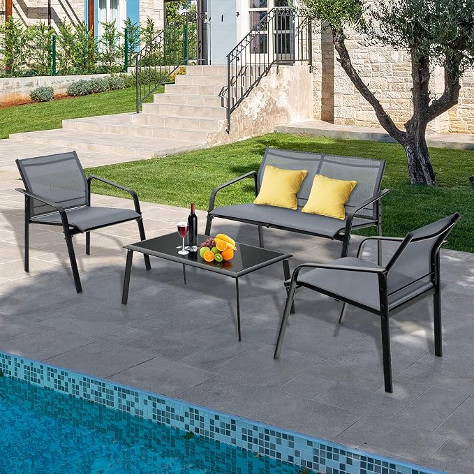 Tangkula 4 Pieces Patio Furniture Set, Outdoor Conversation Set with Tempered Glass Coffee Table, Outdoor Bistro Set with Fabric and Anti-Rust Steel Frame for Garden, Poolside and Backyard (Gray)