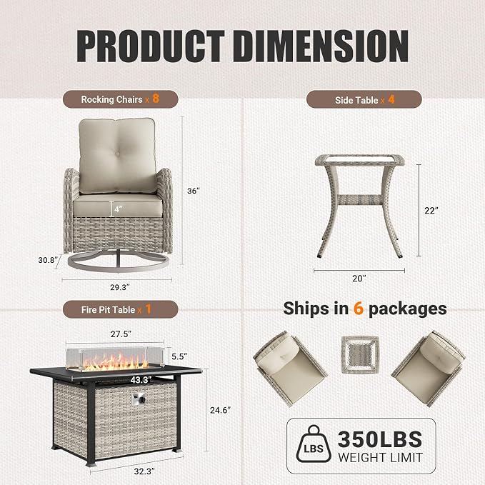 13Pcs Patio Rocking Swivel Chair with 55,000 BTU Fire Pit Table Outdoor Wicker Rattan Bistro Set with Tempered Glass Side Table, Outdoor Patio Furniture Set for Garden and Balcony, White