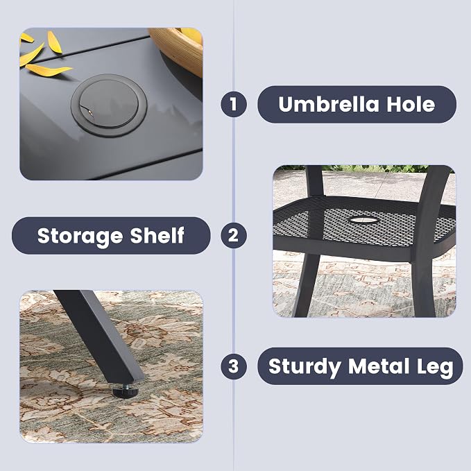 VICLLAX 5 Pieces Patio Dining Set, Patio Furniture Set of 4 Patio Swivel Dining Chairs and Square Patio Table with Storage Shelf, Grey Chairs & Dark Grey Tabletop