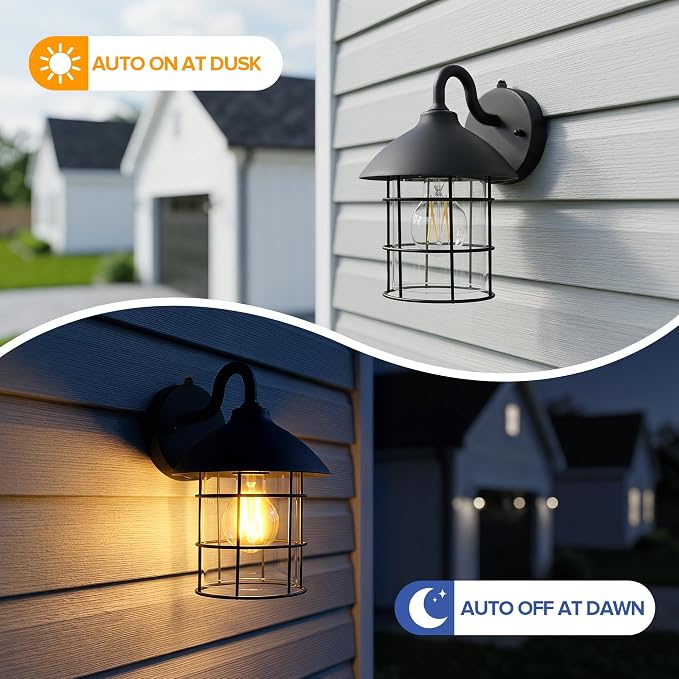 UME 2 Pack Dusk to Dawn Outdoor Wall Lights,Porch Lights,Waterproof Outdoor Wall Sconce, Exterior Light Fixtures E26 Base with Clear Glass Shade for House Garage Patio Front Door Balcony