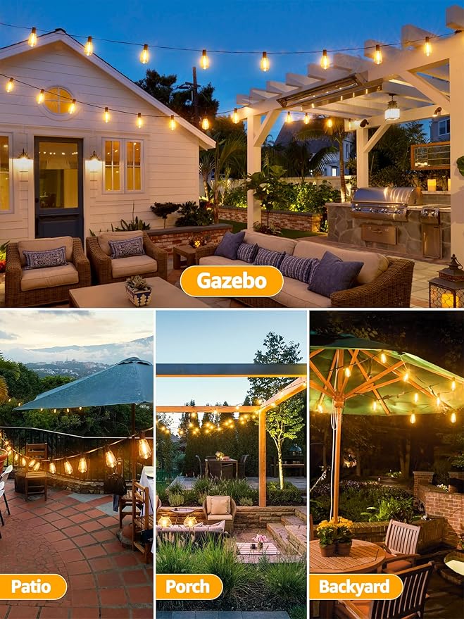 Guhope Outdoor String Lights Dimmable with Remote, 100 FT Outdoor Lights with 2 Timer and 3 Mode, Waterproof & Shatterproof Patio Lights, 2200K Energy Saving String Lights 3 Spare Bulbs for Patio Yard