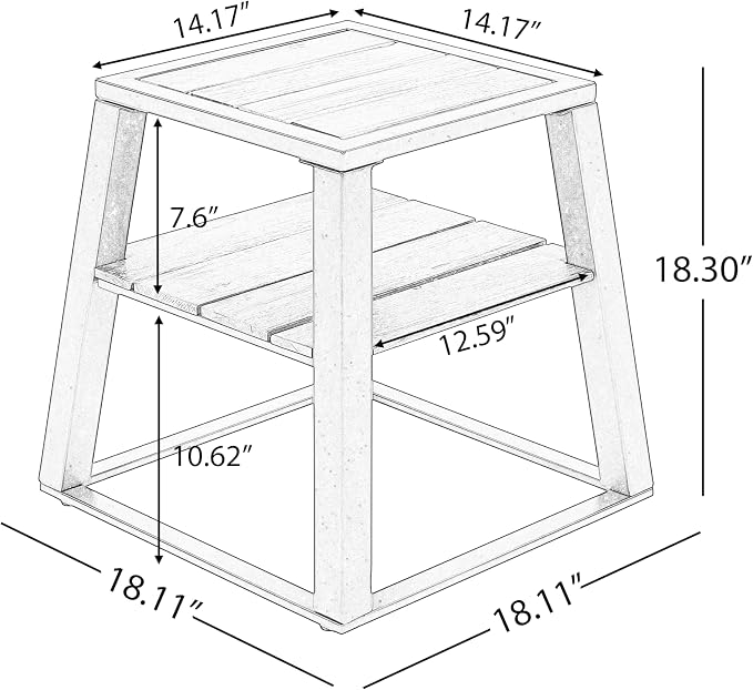 Outdoor Side Table, 2-Tier Acacia Wood End Table with White Iron Frame, Weather-Resistant Patio Side Table with Storage Shelf, Teak Finish, 30 lbs Capacity, White