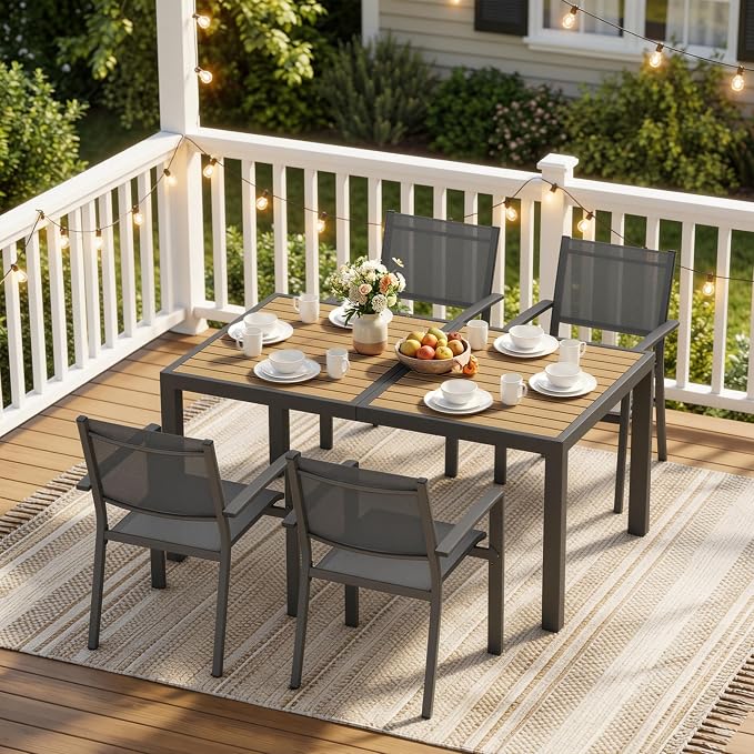 FansaFurn Patio Table and Chairs Set for 4, Outdoor Patio Furniture Set with Metal Textilene Chairs and Aluminum Table, All-Weather Outdoor Dining Set with HDPS Rectangular Tabletop for Patio Porch
