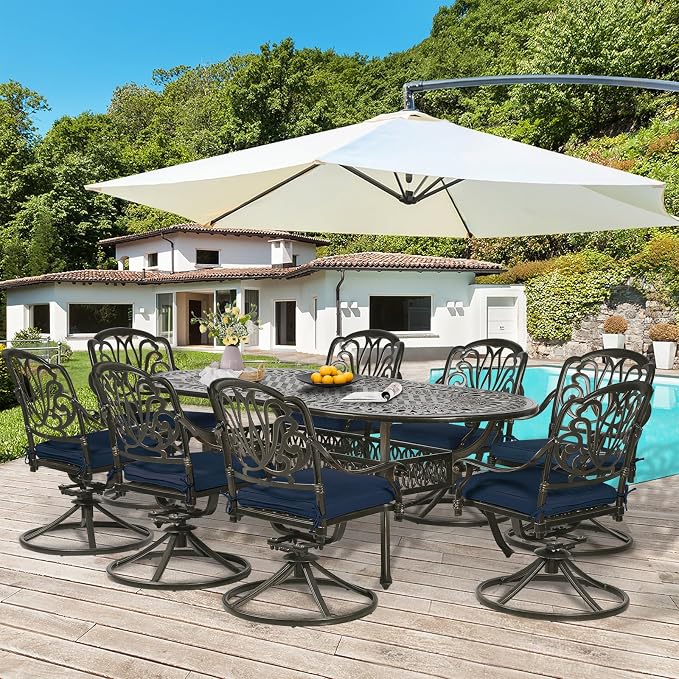 9-Piece Patio Dining Set, Outdoor Patio Table and Chair Set of 84” Oval Cast Aluminum Dining Table with Umbrella Hole, 8 Patio Dining Swivel Chairs Padded, Patio Funiture Set, Navy