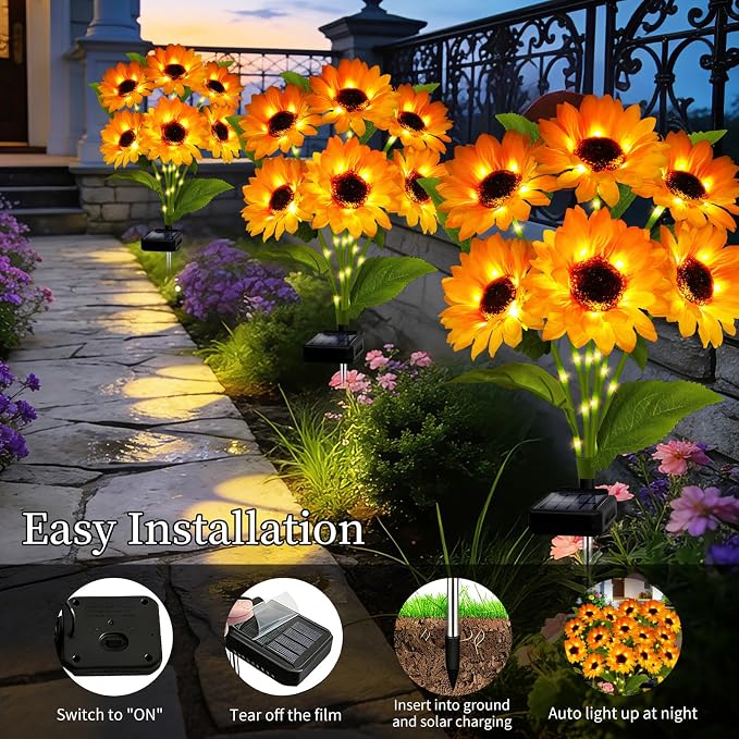 Solar Garden Lights Outdoor, 4 Pack Solar Sunflower Lights with 18 Head 3.5 Inch Flowers, Waterproof Flowers Light Fall Decor Auto ON/Off for Garden Yard Patio Backyard, Gifts for Mom Women