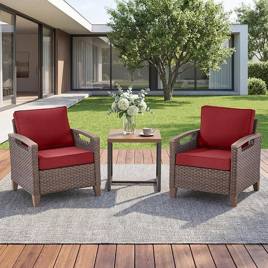 Rilyson Wicker Outdoor Patio Furniture Set of 3, 3 Piece Patio Conversation Set with 2 Chairs and Side Table, Thick Cushions, Deep Seating, for Porch Deck Garden Brown/Red