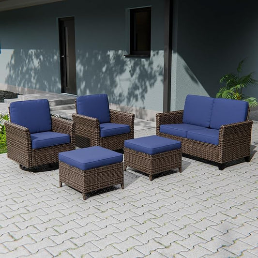 COOS BAY Harbor Retreat 5 Piece Outdoor Furniture Set, Patio Conversation Set with Swivel Rocking Chairs, 2 Seat Loveseat and Ottomans, Wicker Furniture, Brown/Blue