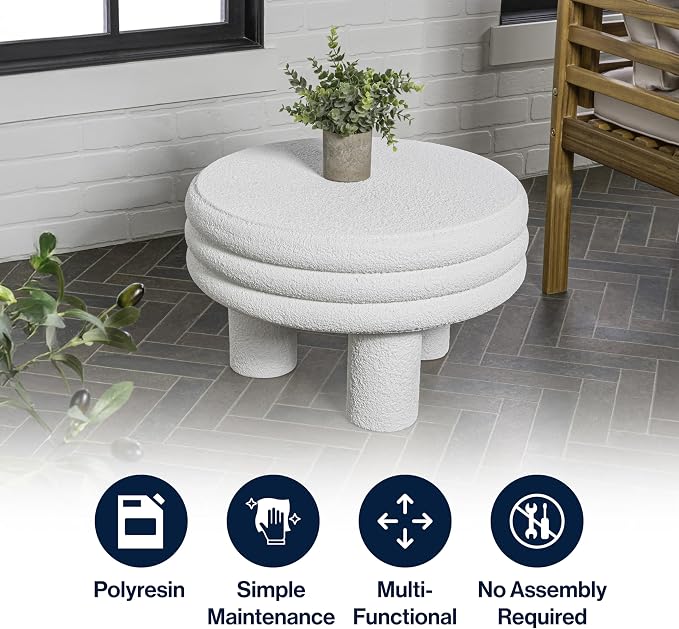 JONATHAN Y Rashida 13.5" White Frosted Modern Round Polyresin Indoor Outdoor Accent Coffee Table, Weather Resistant Low Table with Chunky Ribbed Stacked Ring Design and Tripod Pillar Base TBL1105B