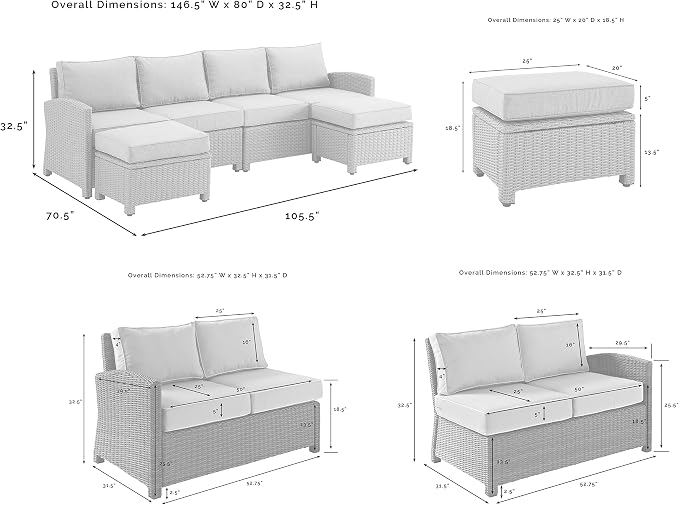 Crosley Furniture Bradenton 4-Piece Outdoor Sectional Sofa Wicker Conversation Patio Furniture Set for Deck, Brown with Sand Cushions