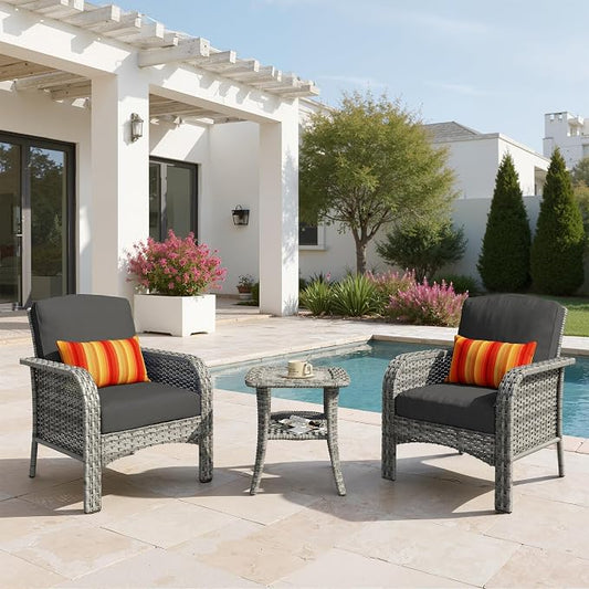 3 PCS Outdoor Patio Furniture Set with Side Table, All-Weather Rattan Wicker Outdoor Conversation Set with Thickened Cushions for Balcony Backyard Garden Lawn,Black