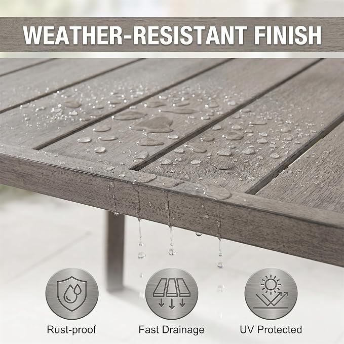 Outdoor Folding Dining Table, 37.4"-70.5" Extendable Patio Iron Table with Umbrella Hole, Weather Resistant Slatted Rectangular Table for Backyard Garden, Gray Finish, Seats 6-8 People