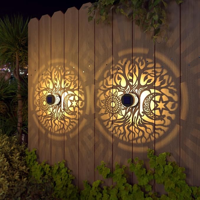 gardencave 2 Pack Solar Fence Lights Metal Solar Powered Outdoor Wall Deck Step Lights Tree Theme Waterproof Fence Light for Garden Post Patio Backyard Yard Decor (Tree, 2 Pack)