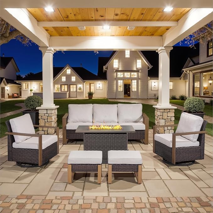 Belord 6 Piece Outdoor Patio Furniture Set with Propane Fire Pit Table, Wicker Patio Conversation Set with 2 Swivel Rocker Chairs Rattan Sofa and Removable 4" Thick Cushions for Deck Backyard