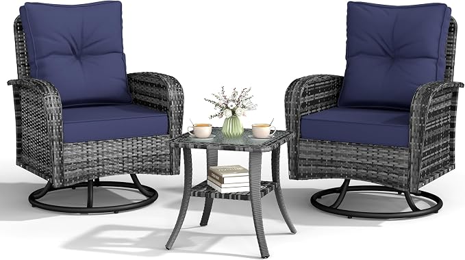 Kromax Outdoor Patio Furniture Set, All-Weather Wicker Swivel Glider Chairs Set of 2 with Coffee Table Table & Thick Machine Washable Cushions for Backyard, Garden, Porch, Grey/Blue