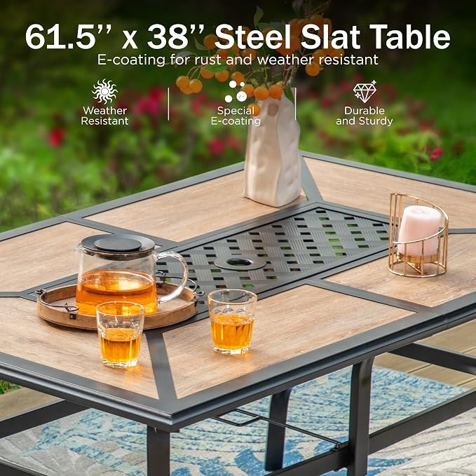 PHI VILLA 7pc Patio Dining Set w/Umbrella, Wood-top Table, Rattan Chairs | Outdoor Dining Set for 6, Metal Table & 6 Cushioned Rattan Chairs with Beige Umbrella for Outdoor, Deck, Yard, Porch