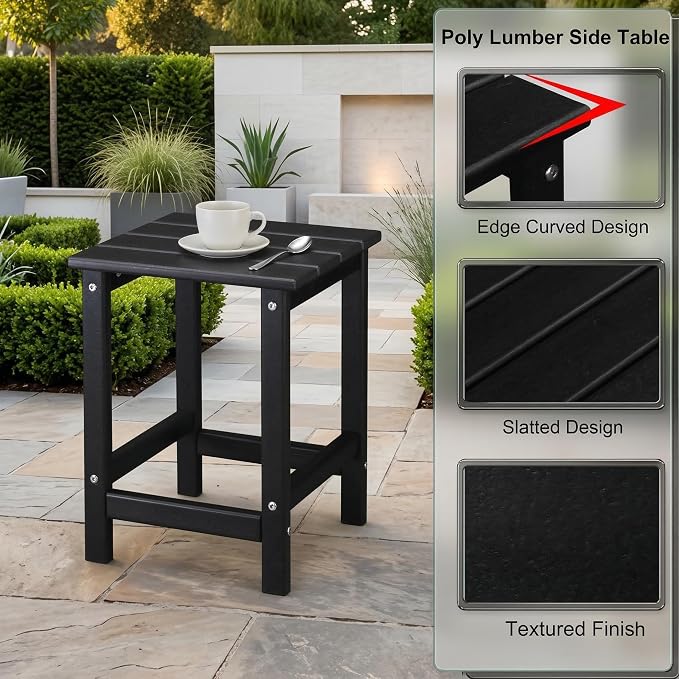 HDPE Outdoor Side Table, 14 Inch Square Patio End Table, Weather Resistant Small Outdoor Table for Adirondack Chairs, Waterproof Outside Table for Porch, Garden, Deck, Pool, Black