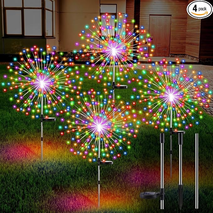Tujoe 4 Pack Halloween Outdoor Garden Decoration Solar Firework Lights | 200 LED Solar Firework Lights, 8 Lighting Modes, 32" to 51" Height, Outdoor Garden Yard Pathway Party Decoration, Colorful