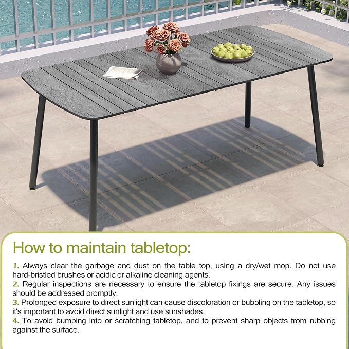 Crestlive Products Outdoor Dining Table for 6, 70" Aluminum Patio Table with Umbrella Hole Weather Resistant Rectangle Outside Tables for Patio Garden Lawn, Grey