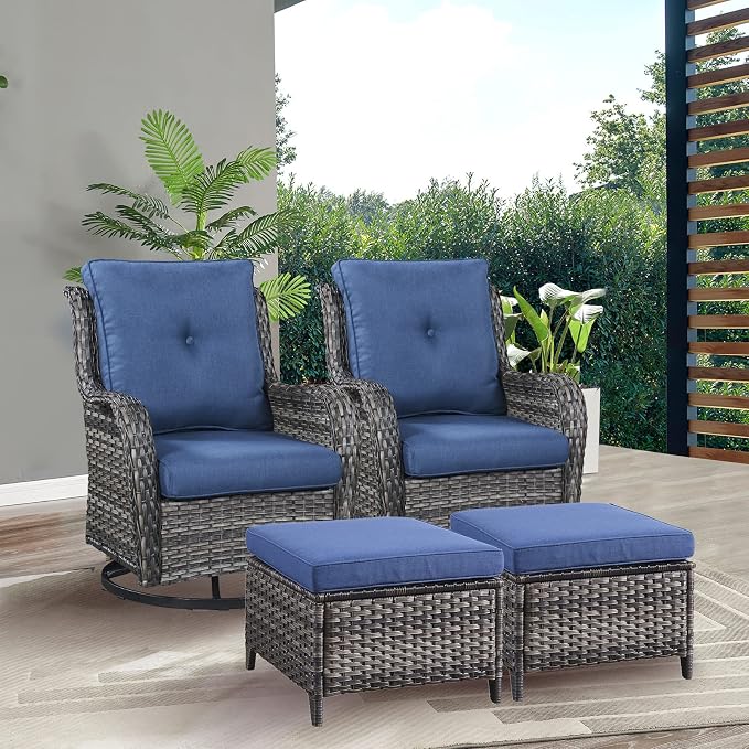 Rilyson Luxury 4 Pieces Patio Wicker Furniture Set, Outdoor Rattan Bistro Set with Rocking Swivel Chair, Ottoman and Thickened Cushions (Grey/Blue)