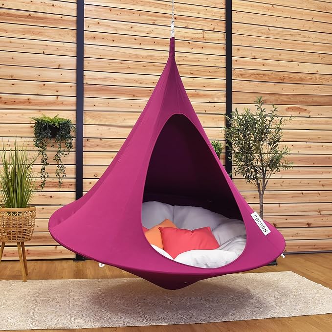 Double Cacoon Hanging Chair for Two – Cozy Indoor/Outdoor Hammock with Polyester Canvas, 440 lb Capacity, Includes 18ft Rope & Carabiner (Mulberry)
