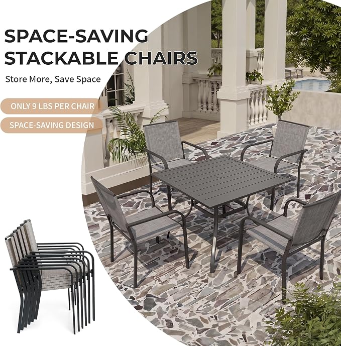 Anmutig 5 Pieces Patio Dining Set, Outdoor Furniture Set Includes 1 Square Patio Table and 4 Stackable Patio Chairs, Outdoor Table and Grey Chairs for Garden Backyard Deck