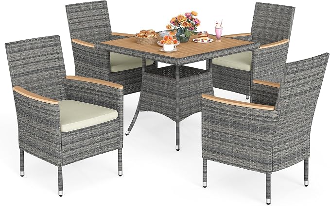 RoyalCraft 5-Piece Patio Wicker Dining Set for 4, Water-Resistant Rattan Outdoor Table with Wood Top and 4 Chairs, Conversation Set for Deck, Garden, Backyard, Removable Cushions, Grey