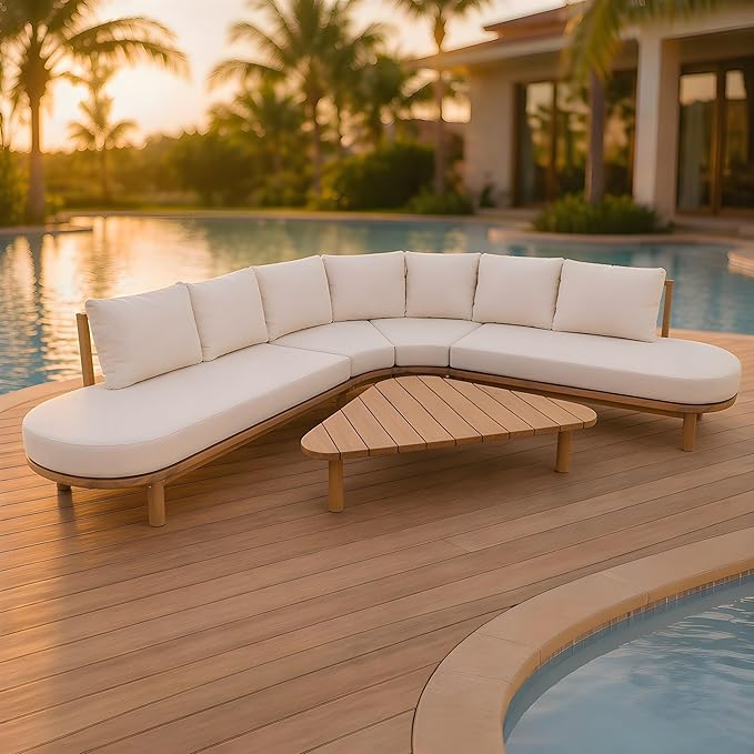 Christopher Knight Home Gemsy 118" Acacia Wood Outdoor Patio Furniture Set with Cushion, Outdoor Half Moon Curved Sectional Sofa Set with Coffee Table, Patio Sectional Sofa Set, Beige + Brown