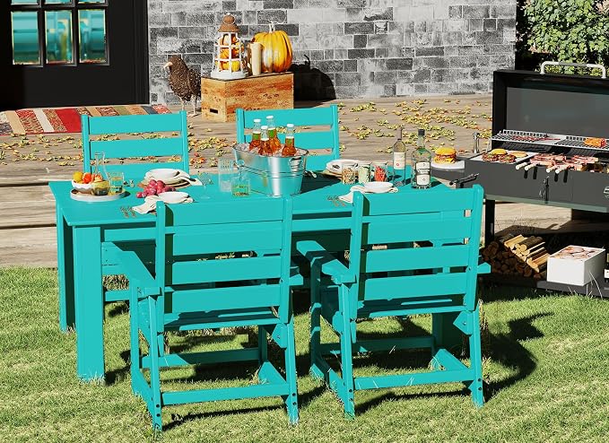 GREENVINES 5-Piece Outdoor Dining Set | HDPE | Patio Table and Chairs Sets for 4 | Patio Furniture | All Weather | Umbrella Hole | Aqua | for Backyard Poolside Garden