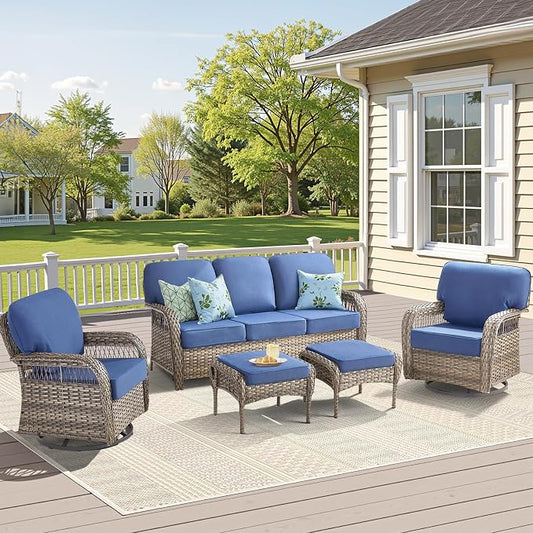 5 PCS Patio Furniture Set Outdoor Sectional Sofa Couch with Rocking Swivel Chairs 5" Deep Seat Chairs, Modern Wicker Rattan Conversation Set, Blue/Gray Wicker