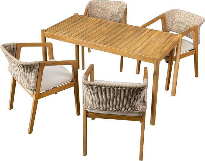 Merax Acacia Wood Outdoor Dining Set for 5, All Weather Patio Table and 4 Chairs with Rattan Wicker for Garden, Backyard, Poolside, Balcony, Light Teak