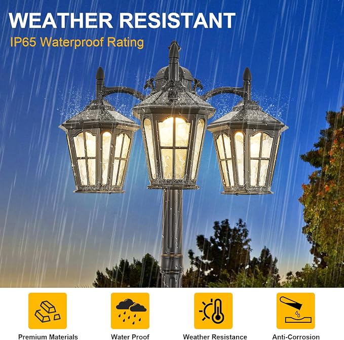 3-Head Solar Outdoor Street Light with Dusk to Dawn Sensor, Aluminum Exterior Pole Light with Water Ripple Glass, Classic Waterproof Black Solar Lamp Post Lights for Backyard, Garden, Driveway