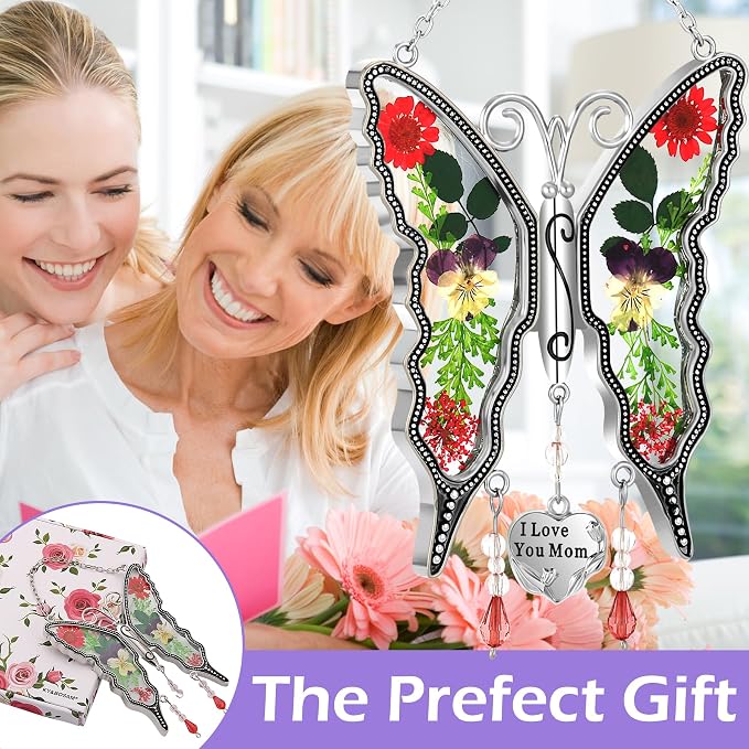 KY&BOSAM Mom Gift Butterfly Glass Pressed Flowers Suncatcher Window Hanging | I Love You Mom Charm Sun Catchers Wind Chime Ornament,Metal & Dried Flowers,Mothers Day Gifts for Mom Birthday Christmas