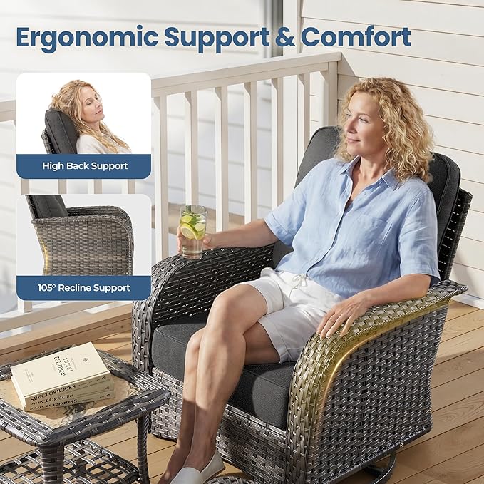 weaxty 5 Pieces Wicker Patio Furniture Set, High Back Swivel Rocker Chairs Outdoor Loveseat Sofa and Rattan Coffee Table, Outdoor Conversation Sets for Porch Deck Backyard Poolside, Black