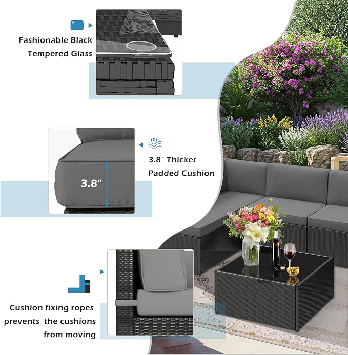 U-MAX 7 Piece Outdoor Patio Furniture Set, PE Rattan Outdoor Wicker Sectional Furniture Chair Set with Cushions and Tea Table, Black Rattan and Dark Grey Cushion
