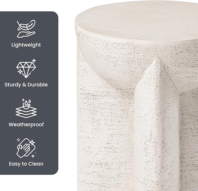 HOMPUS Outdoor Side Table Round, Lightweight Concrete End Table w Corss Base, Patio Accent MgO Coffee Table, Stone Garden Tool for Patio, Porch and Deck, Antique Beige