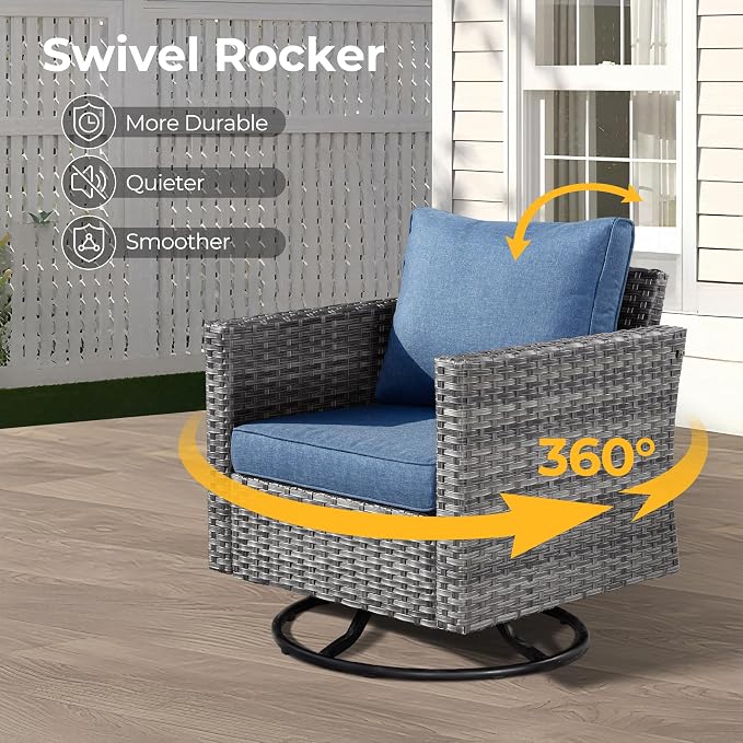 HOOOWOOO 10 Piece Patio Sectional Furniture Set with Fire Pit Table,Modern Wicker Outdoor Conversation Sofa Sets,Weather Resistant Modular L Shaped Outside Couch Swivel Chair Set(Denime Blue)