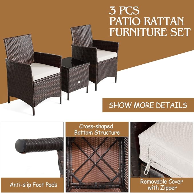 Tangkula 3-Piece Patio Conversation Set, Wicker Chairs with Glass Top Square Coffee Table & Cushions, All-Weather Outdoor Rattan Furniture Set for Garden Backyard Balcony Poolside (White)