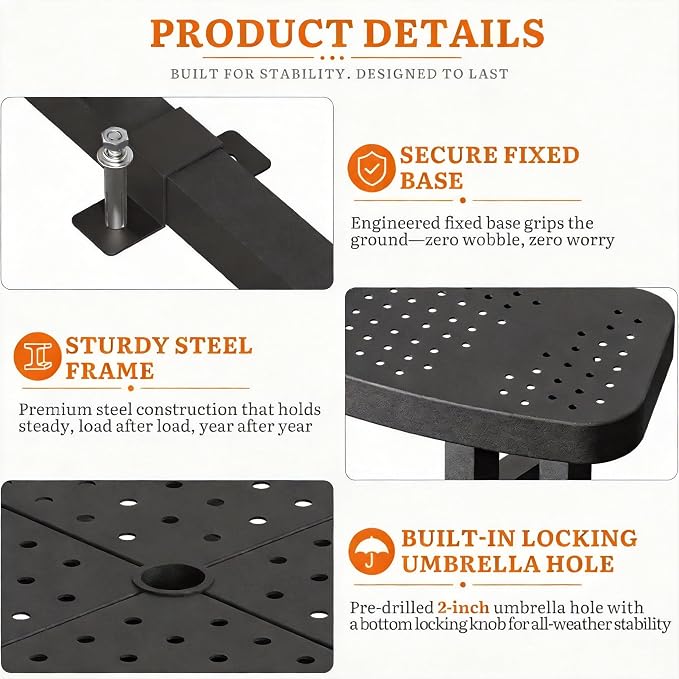 Heavy Duty 38" Round Q235 Steel Picnic Table, Black Metal Outdoor Table with Umbrella Hole, Industrial Patio Picnic Table for 8 People, Backyard & Park