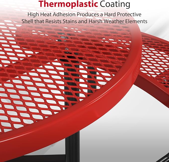 Leisure Craft Metal Picnic Table with Bench - 46" Round Outdoor Dining Table with Umbrella Hole, Heavy Duty Thermoplastic Coating, ADA Compliant, Commercial Grade Furniture Made in USA - Red