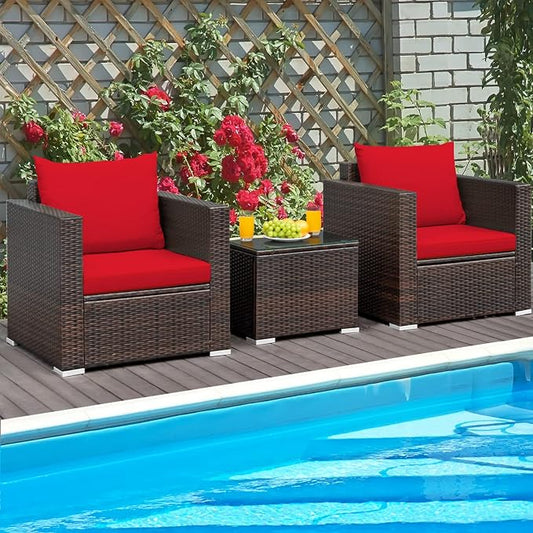 Patio Conversation Set Outdoor, 3-Piece Rattan Wicker Furniture Set with Water-Resistant Cushion & Tempered Glass Tabletop, Patio Furniture Set for Balcony, Porch, Poolside (Red)