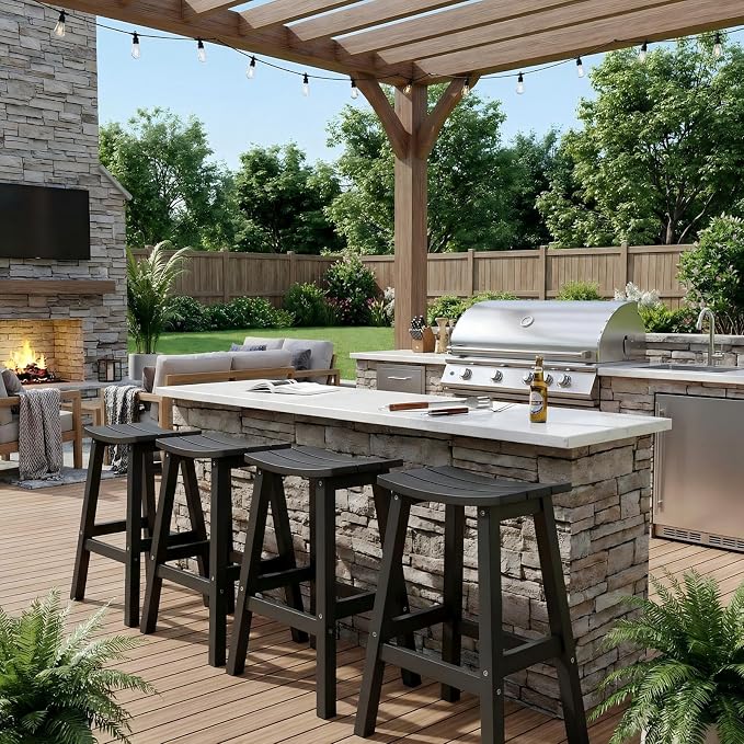 Stoog All-Weather Bar Stools Set of 2, 28" Outdoor Barstools with 400 lbs Capacity, Low Maintenance HIPS Patio Furniture for Kitchen Counter, Deck & Garden, Black