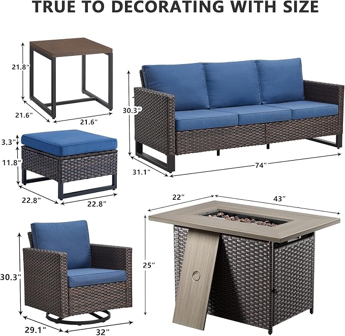 HUMMUH 7 Piece Patio Furniture Set with Fire Pit 41in 55,000 BTU,Wicker Outdoor Conversation Sets - Patio Swivel Chairs Sofa Ottomans,Side Table for Porch,Garden,Backyard