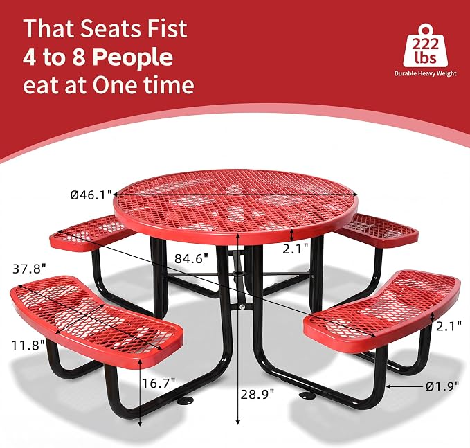 46" Round Metal Picnic Table for 4-8 Person, Durable Heavy Duty Commercial Picnic Table with Umbrella Hole for Outdoor Coffee Shop, School, Hospital, Easy to Install, Red