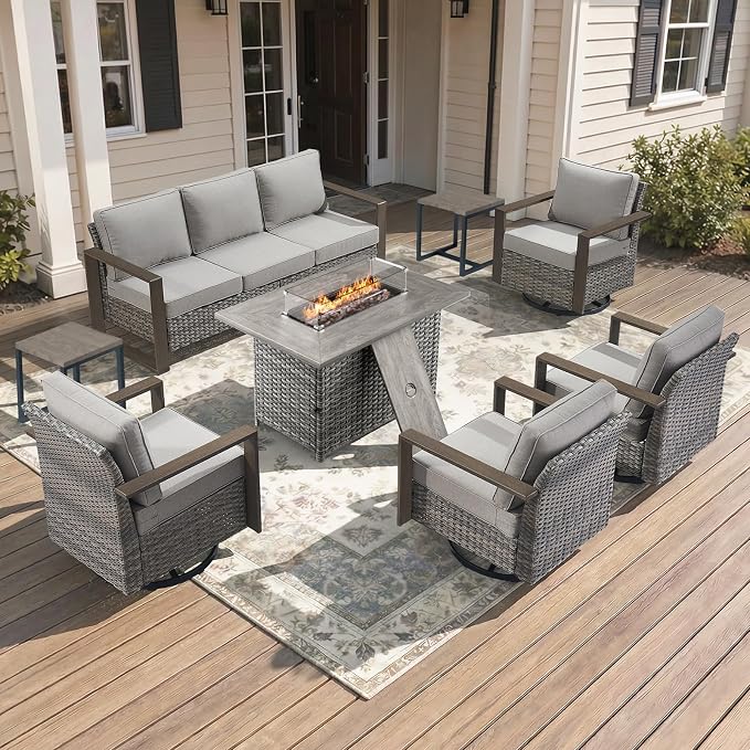 Patio Furniture Set with Fire Pit Table, 8-Piece Outdoor Wicker Sofa and 4 Swivel Chairs, All-Weather Conversation Set for Backyard, Deck and Poolside, Grey/Grey