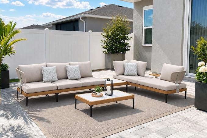 PURPLE LEAF 5 Pieces Patio Furniture Sets with Coffee Table Outdoor Wicker Sectional Conversation Sets Aluminum L Shaped Sofa Couch Sets for Balcony Yard Garden Poolside, Cushions and Pillows Included