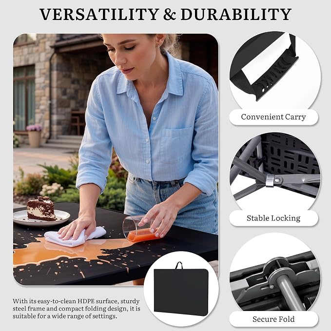 DWVO 6FT Folding Table, Heavy Duty Folding Tables with Carrying Handle, HDPE Fold up Table for Outdoor Camping Picnic Parties, Indoor Events (Black)